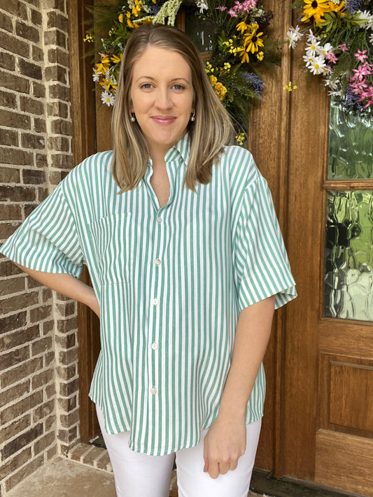 Striped button top- forest green