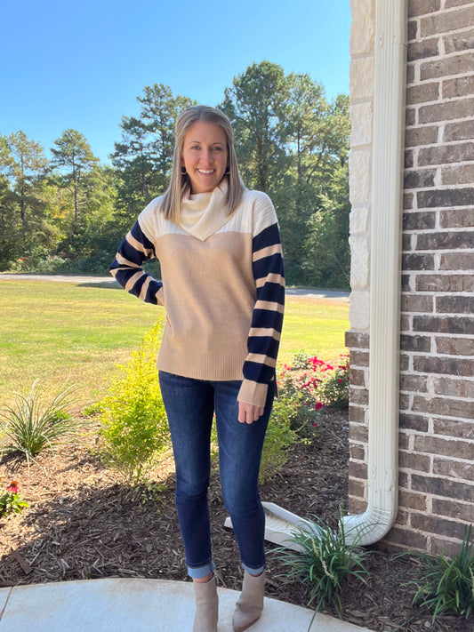 Faith funnel neck sweater with stripe sleeves