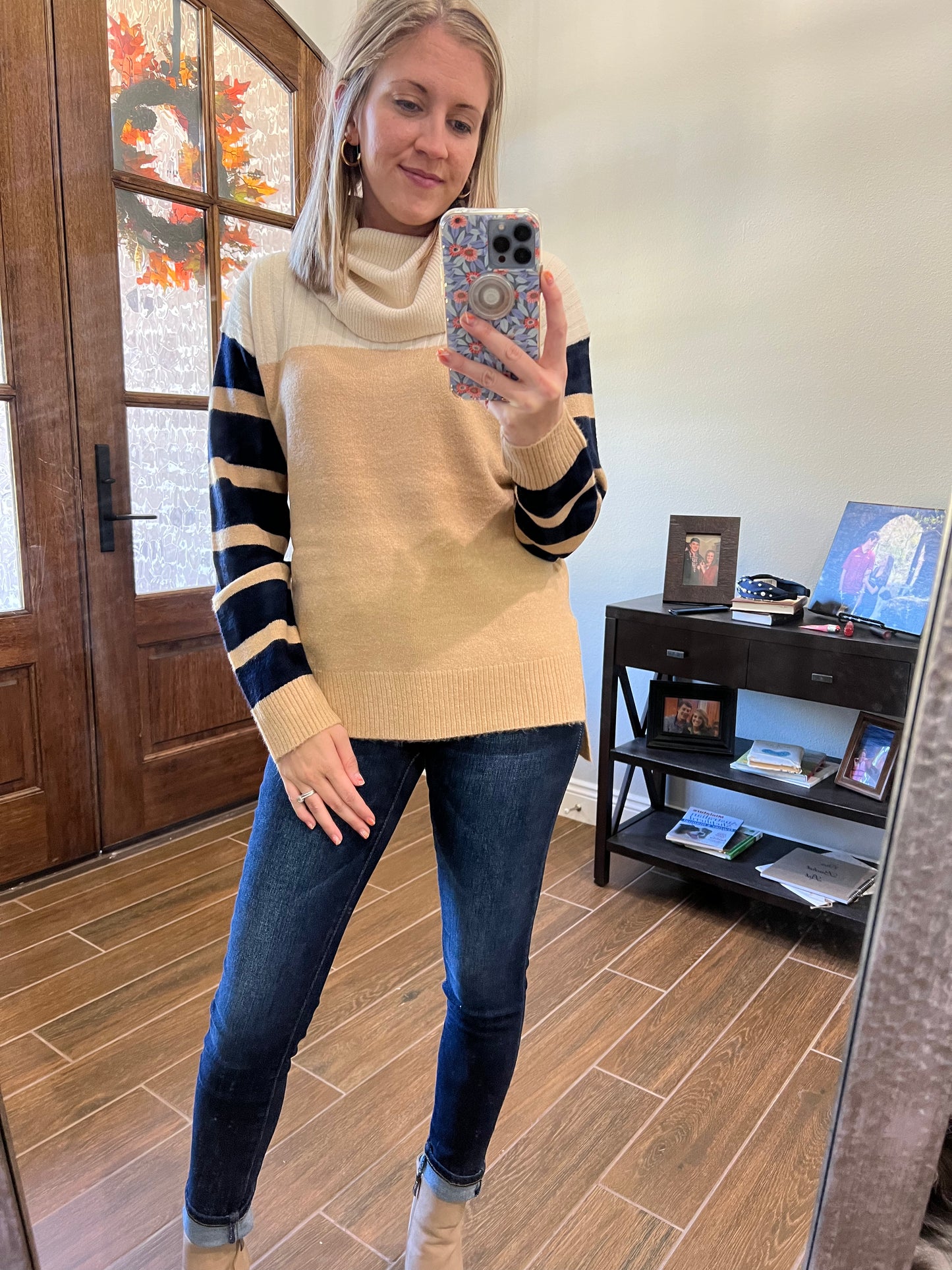 Faith funnel neck sweater with stripe sleeves