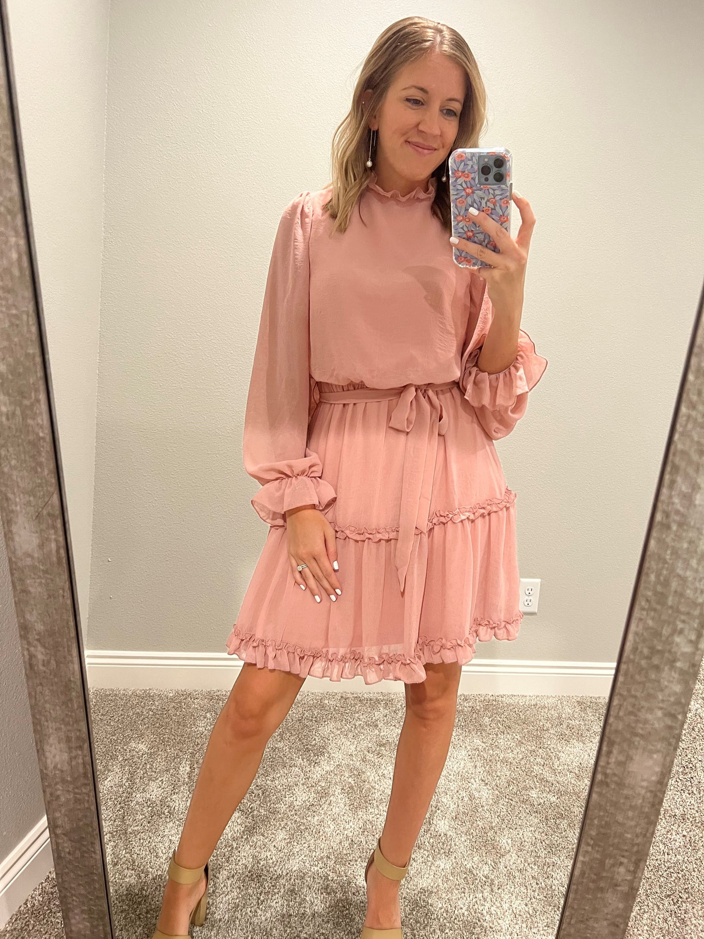 Long sleeve ruffled dress- light pink